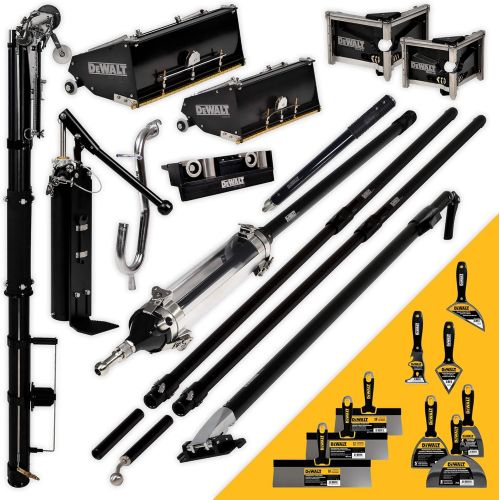  DEWALT PRO MEGA Automatic Taping/Finishing Set - Long Extendable Handles Auto Taper, MudShot, 10/12 MEGA Flat Boxes, 3/3.5” Angle Heads, Corner Roller, Handles, Pump, Gooseneck DXT