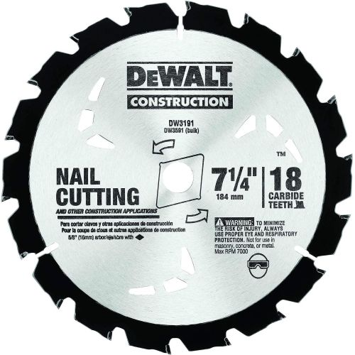  DEWALT DW3191 Series 20 7-1/4-Inch 18 Tooth Nail Cutting Saw Blade with 5/8-Inch and Diamond Knockout Arbor