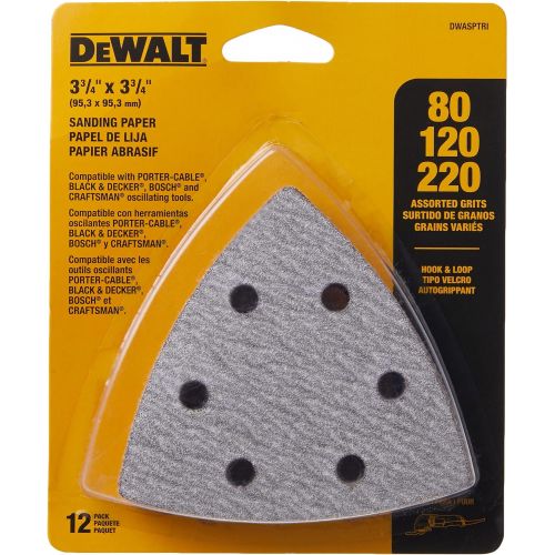  DEWALT Sandpaper Assortment, Hook and Loop Triangle, 12-Pack (DWASPTRI)