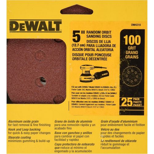  DEWALT DW4310 5-Inch 8 Hole 100 Grit Hook and Loop Random Orbit Sandpaper (25-Pack)