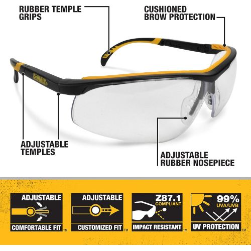  Dewalt DPG55-6C Dual Comfort Silver Mirror High Performance Protective Safety Glasses with Dual-Injected Rubber Frame and Temples