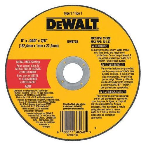  DEWALT 6 x .040 x 7/8 A60t Metalthin Cutoff Wheel Type1 (115-DW8725) Category: Angle Grinder Parts and Accessories