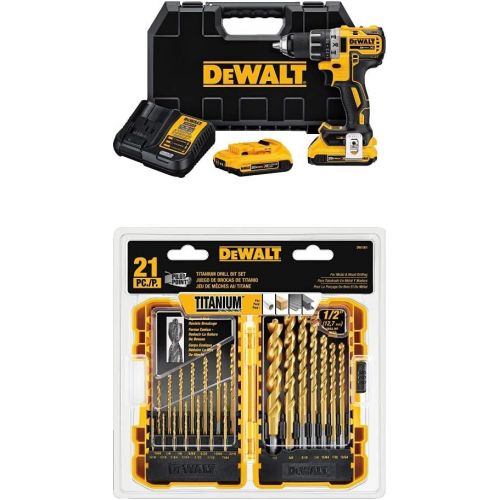  DEWALT 20V MAX Cordless Drill/Driver Kit, Brushless, 1/2-Inch (DCD791D2) & Titanium Drill Bit Set, Pilot Point, 21-Piece (DW1361)