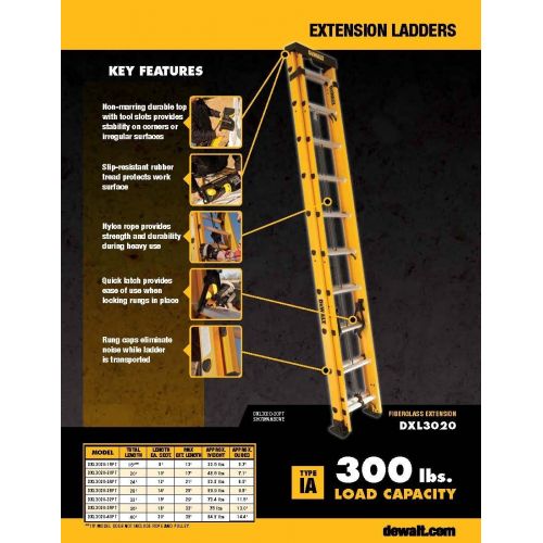  DeWalt DXL3020-20PT 20-Foot Fiberglass Extension ladder Type IA with 300-Pound Duty Rating,Yellow