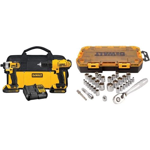  DEWALT DCK240C2 20v Lithium Drill Driver/Impact Combo Kit (1.3Ah) and Drive Socket Set (34 Piece), 1/4 and 3/8