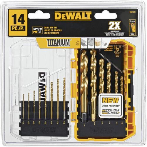 DEWALT 20V Max Cordless Drill / Driver Kit, Compact, 1/2-Inch with 14-Piece Titanium Speed Tip Drill Bit Set (DCD771C2 & DW1341)