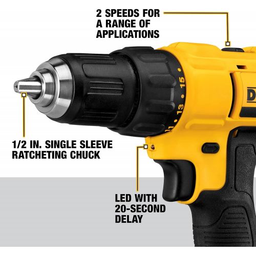  DEWALT 20V Max Cordless Drill / Driver Kit, Compact, 1/2-Inch with 14-Piece Titanium Speed Tip Drill Bit Set (DCD771C2 & DW1341)