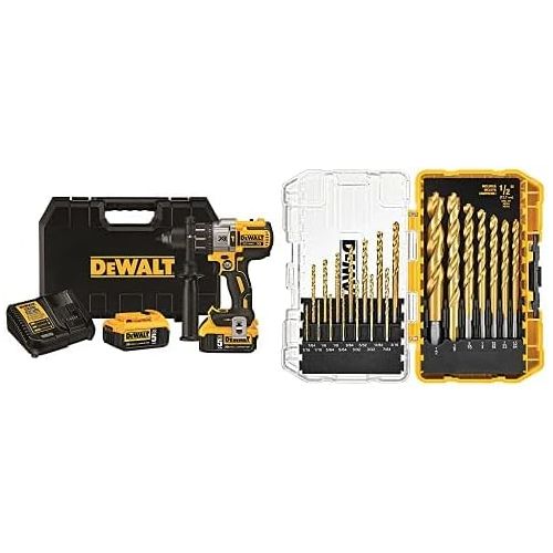  DEWALT DCD996P2 20V MAX XR Lithium Ion Brushless 3-Speed Hammer Drill Kit with DEWALT DW1361 Titanium Pilot Point Drill Bit Set, 21-Piece