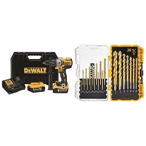  DEWALT DCD996P2 20V MAX XR Lithium Ion Brushless 3-Speed Hammer Drill Kit with DEWALT DW1361 Titanium Pilot Point Drill Bit Set, 21-Piece