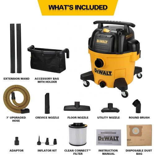  DEWALT 9 Gallon Wet/Dry VAC, Heavy-Duty Shop Vacuum with Attachments, 5 Peak HP, with Blower Function, DXV09PA, Yellow