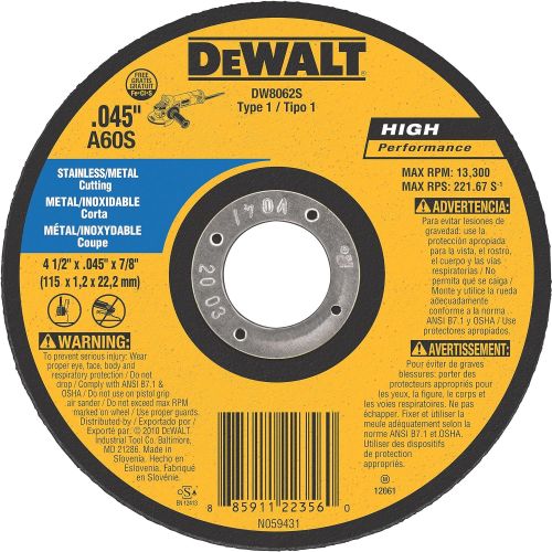  DEWALT DW8062S Cfree Thin Cutoff Wheel, 4-1/2-Inch x .045 x 7/8-Inch