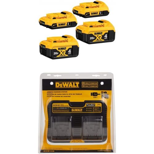  DEWALT 20V MAX Battery, Lithium Ion, 4-Ah & 2-Ah, 4-Pack with 12/20V MAX Charging Station/Dual Charger for Jobsite (DCB3244 & DCB102)