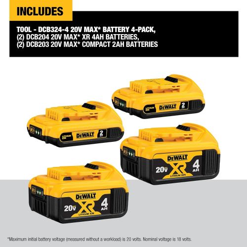  DEWALT 20V MAX Battery, Lithium Ion, 4-Ah & 2-Ah, 4-Pack with 12/20V MAX Charging Station/Dual Charger for Jobsite (DCB3244 & DCB102)