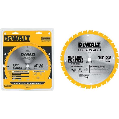  DEWALT 10-Inch Miter / Table Saw Blade, 24-Tooth with Series 20, 32-Tooth, General Purpose Saw Blade (DW3112 & DW3103)
