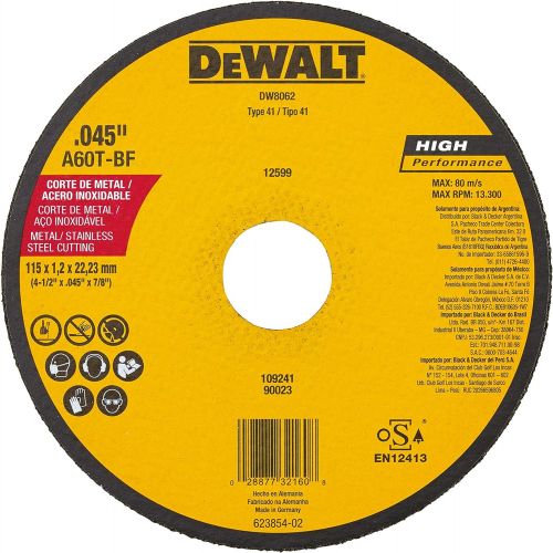  DeWalt DW8062 4-1/2-Inch Diameter by .045-Inch Thick Metal Cutting Abrasive Wheel with 7/8-Inch Arbor
