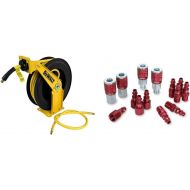 DeWalt DXCM024-0343 Double Arm Hose Reel with 3/8” x 50’ Premium Rubber Hose & ColorConnex Coupler & Plug Kit (14 Piece), Industrial Type D, 1/4 in. NPT, Red - A73458D