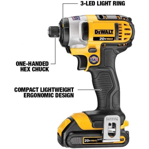  DEWALT 20V Max Impact Driver Kit, 1/4-Inch (DCF885C1) with DEWALT 20V MAX Battery, Compact 2.0Ah (DCB203)