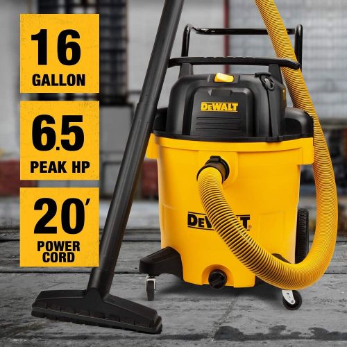  DEWALT 16 Gallon Poly Wet Dry Vacuum, 6.5 Peak HP 12 Amps Heavy Duty Vacuums, Cart Style Wet/Dry/Blower 3 in 1 Multifunction Shop Vacuum, Built-in Drain, DXV16PA