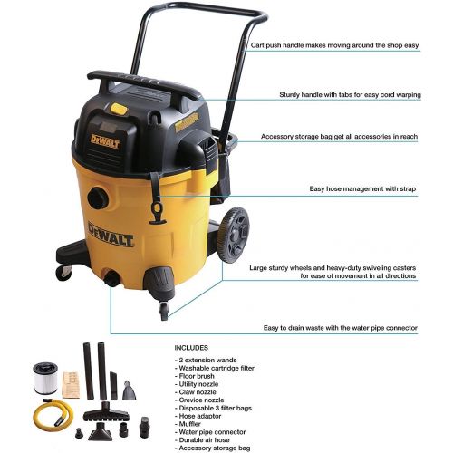  DEWALT 16 Gallon Poly Wet Dry Vacuum, 6.5 Peak HP 12 Amps Heavy Duty Vacuums, Cart Style Wet/Dry/Blower 3 in 1 Multifunction Shop Vacuum, Built-in Drain, DXV16PA