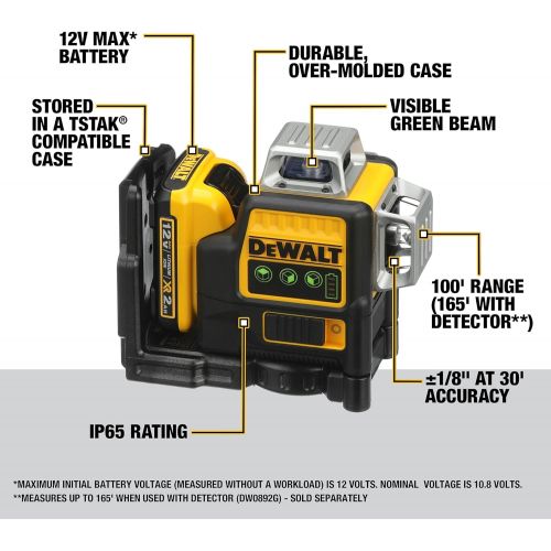  DEWALT 12V MAX Line Laser, 3 X 360, Green (DW089LG) , Yellow