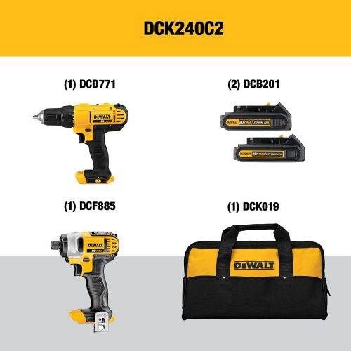  DEWALT 20V Max Cordless Drill Combo Kit, 2-Tool (DCK240C2),Yellow/Black Drill Driver/Impact Combo Kit