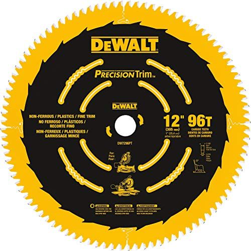  DEWALT 12-Inch Miter Saw Blade, Precision Trim, ATB, Crosscutting, 1-Inch Arbor, 96 Tooth (DW7296PT)