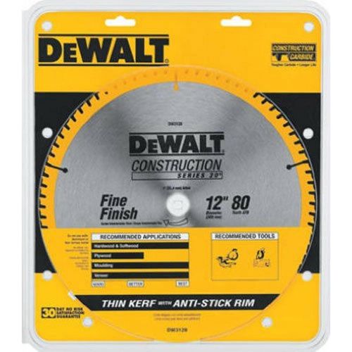  DEWALT 12-Inch Miter Saw Blade, ATB, Thin Kerf, Crosscutting, 1-Inch Arbor, 80-Tooth (DW3128)