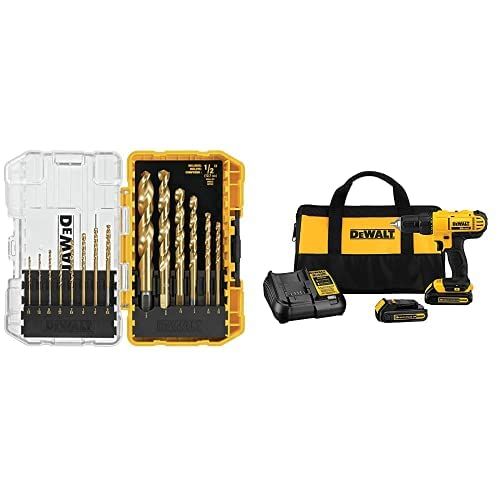  DEWALT 20V Max Cordless Drill / Driver Kit, Compact, 1/2-Inch with 14-Piece Titanium Speed Tip Drill Bit Set (DCD771C2 & DW1341)