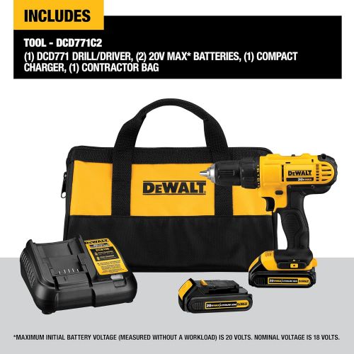  DEWALT 20V Max Cordless Drill / Driver Kit, Compact, 1/2-Inch with 14-Piece Titanium Speed Tip Drill Bit Set (DCD771C2 & DW1341)