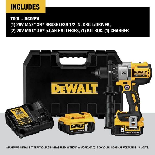  DEWALT 20V MAX XR Brushless Drill/Driver 3-Speed, Premium 5.0Ah Kit, Cordless (DCD991P2)