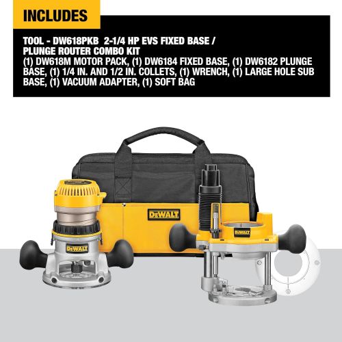  DEWALT Router, Fixed/Plunge Base Kit, Variable Speed, Soft Start, 2-1/4-HP (DW618PKB)