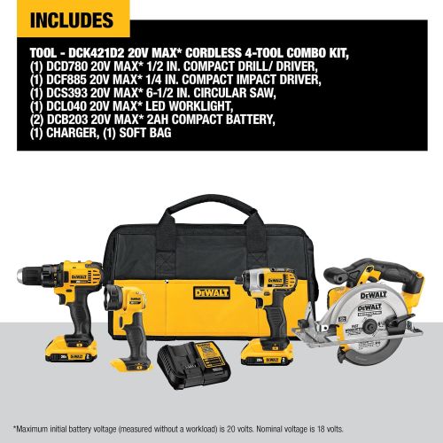  DEWALT 20V MAX Combo Kit, Compact 4-Tool (DCK421D2)