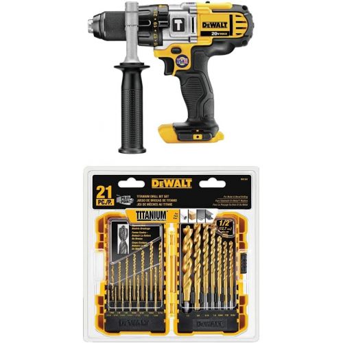  [아마존베스트]DEWALT DCD985B 20-Volt MAX Lithium Ion 1/2-Inch Hammer Drill/Drill Driver (Tool Only) with DEWALT DW1361 Titanium Pilot Point Drill Bit Set, 21-Piece