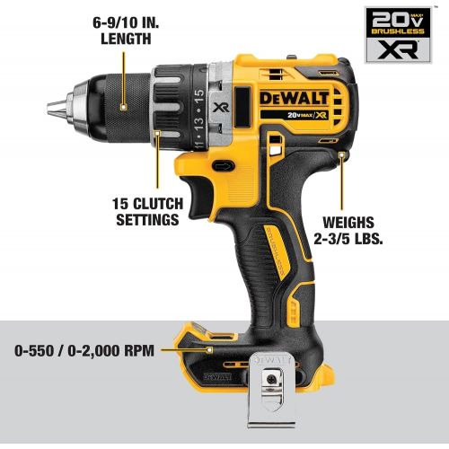  [아마존베스트]DEWALT DCD791P1 20V MAX XR Brushless 1/2 in. Cordless Drill/Driver Kit