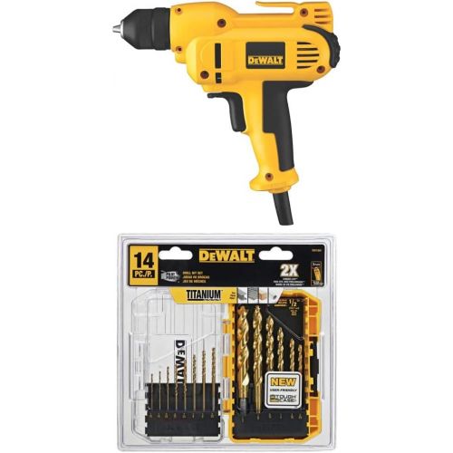  [아마존베스트]DEWALT DWD115K 8 Amp 3/8-Inch VSR Mid-Handle Grip Drill Kit with Keyless Chuck with DEWALT DW1354 14-Piece Titanium Drill Bit Set