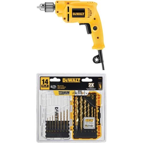  [아마존베스트]Dewalt DWE1014 3/8-Inch 0-2800 RPM VS Drill with Keyed Chuck with DEWALT DW1354 14-Piece Titanium Drill Bit Set