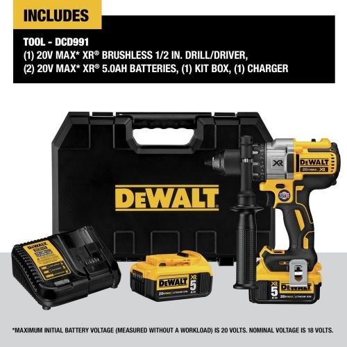  [아마존베스트]DEWALT 20V MAX XR Brushless Drill/Driver 3-Speed, Premium 5.0Ah Kit (DCD991P2)