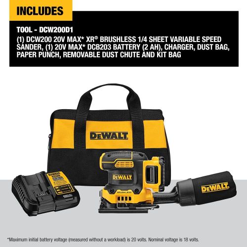  [아마존베스트]DEWALT 20V MAX XR Palm Sander, Sheet, Variable Speed, 2-Ah Battery, 1/4-Inch (DCW200D1)