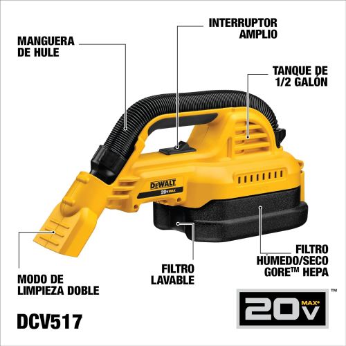  [아마존베스트]DEWALT 20V MAX Cordless Vacuum, Wet/Dry, Portable, 1/2-Gallon, Tool Only (DCV517B)