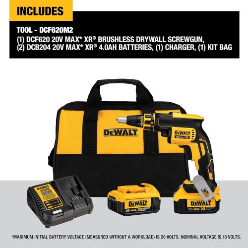  DEWALT 20V MAX* XR Drywall Screw Gun, Brushless, 4.0-Amp Hour (DCF620M2)