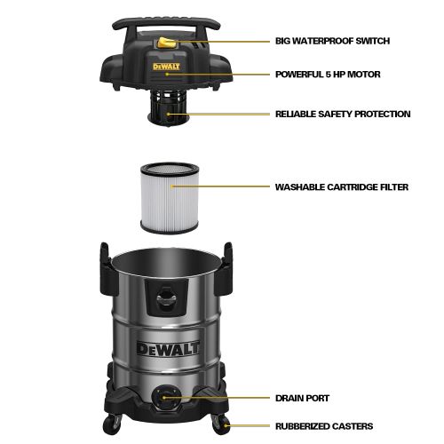  DeWalt DXV08S 8Gallon Wet/Dry Vacuum,120V/60Hz,4 Peak HP Shop Vac,Stainless Steel Tank,Silver, 8 Gallon