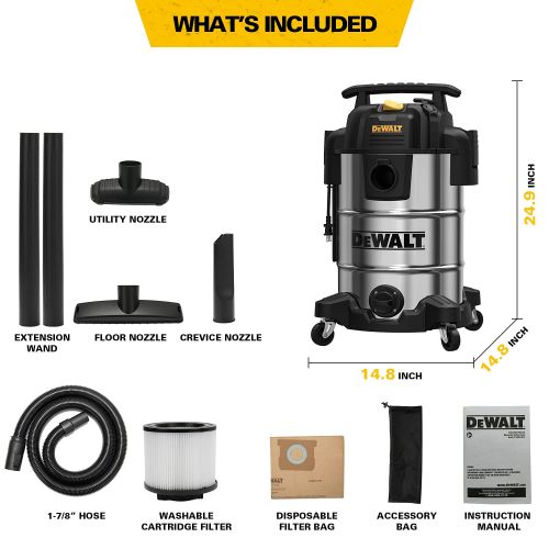  DeWalt DXV08S 8Gallon Wet/Dry Vacuum,120V/60Hz,4 Peak HP Shop Vac,Stainless Steel Tank,Silver, 8 Gallon