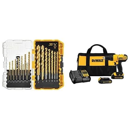  DEWALT 20V Max Cordless Drill / Driver Kit, Compact, 1/2-Inch with Titanium Drill Bit Set, Pilot Point, 21-Piece (DCD771C2 & DW1361)