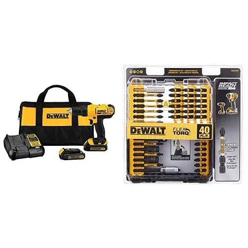  Dewalt DCD771C2 20V MAX Cordless Lithium-Ion 1/2 inch Compact Drill Driver Kit with IMPACT READY FlexTorq Screw Driving Set, 40-Piece