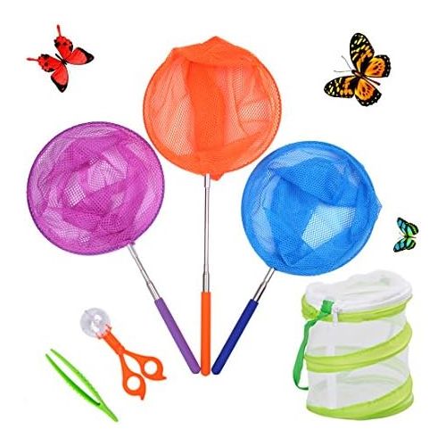  [아마존베스트]DEWEL 3 Pack Colored Telescopic Butterfly Nets for Kids Bug Insect Catching Net Extendable 34 inch,pop up Insect mesh cage,Butterfly Tweezers