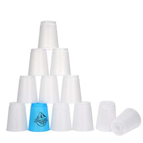  DEWEL Stacking Cup Game with 15 Stack Ways, 12pcs Cup Stacking Set, Sport Stacking Cups with Material, Classic Family Game, Great Gift Idea for Stack Games Lover. (11 White&1 Blue)