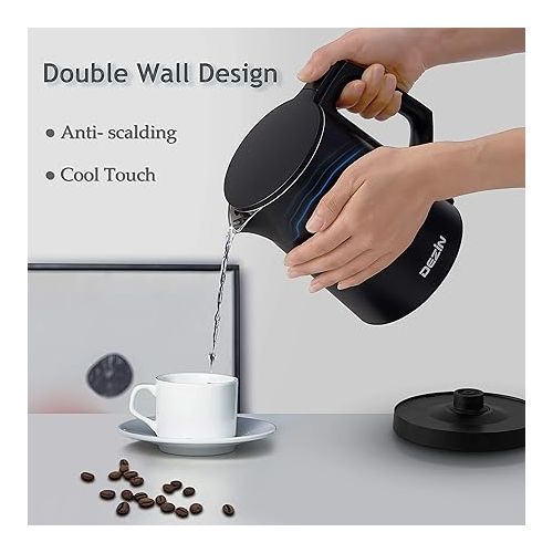  Dezin Electric Kettle, 0.8L Portable Travel Kettle with Double Wall Construction, 304 Stainless Steel Electric Tea Kettle for Business Trip, Small Electric Kettle with Auto Shut-Off (Without Cup)