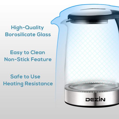  Dezin Electric Kettle Glass Water Warmer, 304 Stainless Steel Cordless Tea Kettle 1.8L with Fast Boil, Auto Shut-Off and Boil Dry Protection Tech for Coffee, Tea, Beverage