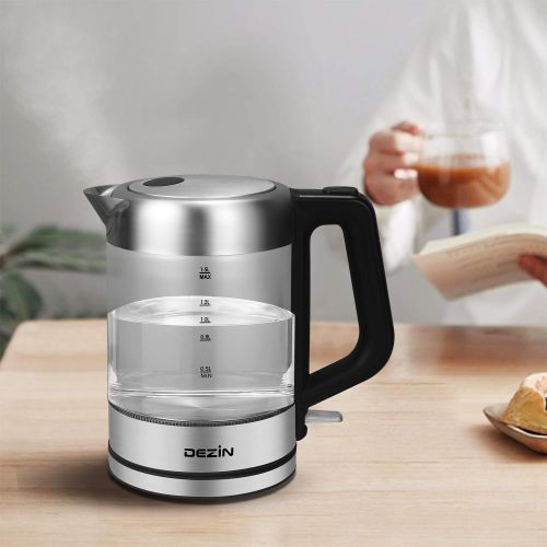  Dezin Electric Kettle, 1.5L Glass & Stainless Steel Finish Cordless Tea Kettle with One Touch Lid Open Button, Fast Heating, Auto Shut-Off and Boil Dry Protection Tech