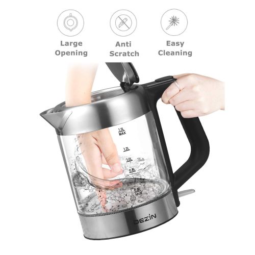  Dezin Electric Kettle, 1.5L Glass & Stainless Steel Finish Cordless Tea Kettle with One Touch Lid Open Button, Fast Heating, Auto Shut-Off and Boil Dry Protection Tech